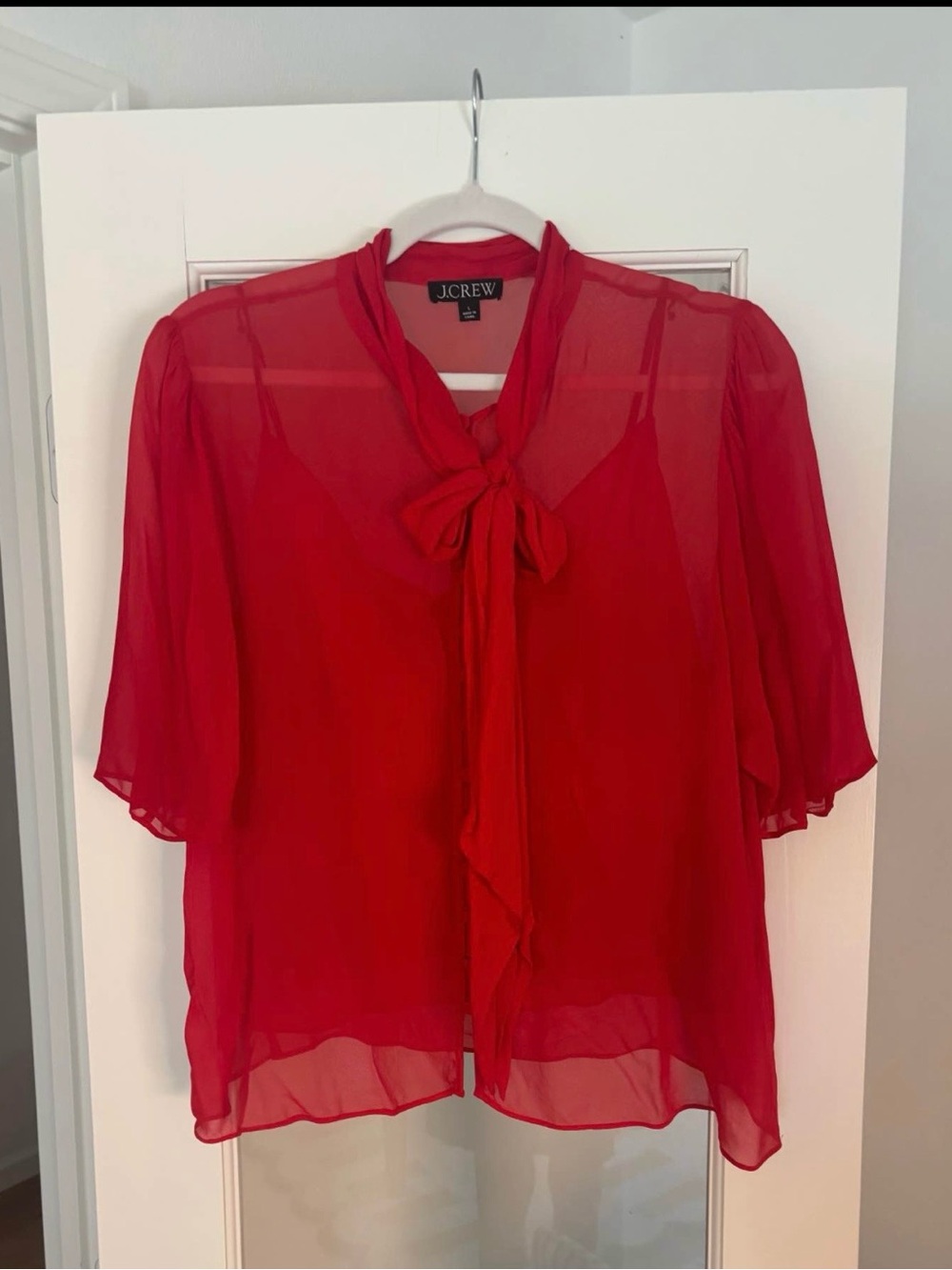 J. Crew Red Sheer Tie-Neck Blouse with Short Flutter Sleeves